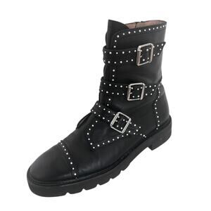 Stuart Weitzman Jesse Lift Leather combat Moto Boots Studs Black 7.5
